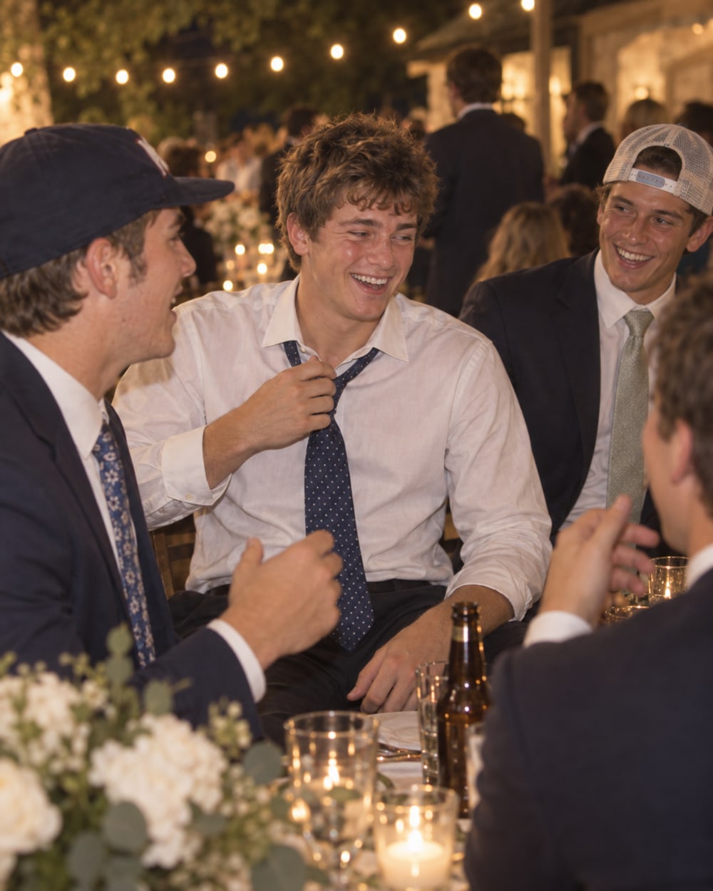 A friend’s wedding, 2024: Jake loosening his tie, the guys not helping